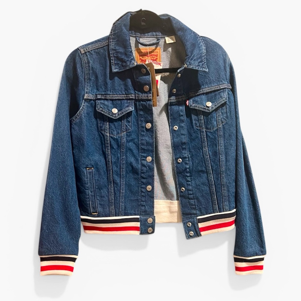 Levi's Women's Rib Trim Trucker Denim Jacket Varsity Stripe Blue Size Medium